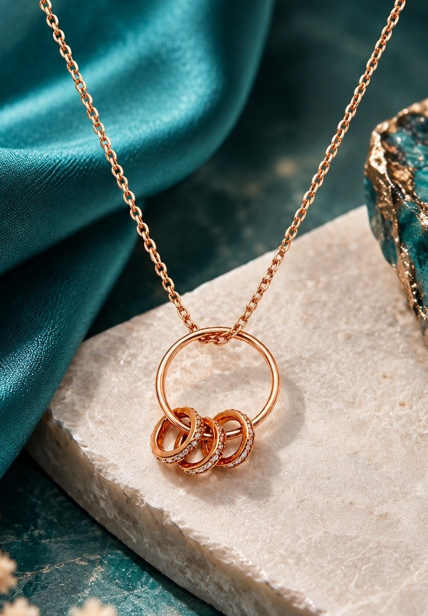 Multi-Ring Charm Hoop Rose Gold Necklace - View 2